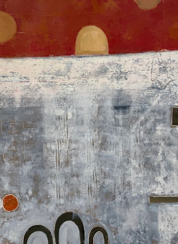 Abstract painting with textured layers and geometric shapes.