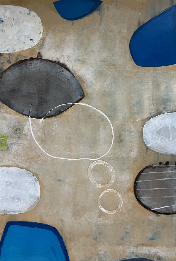 Abstract painting with blue, black, and white shapes on a textured beige background.