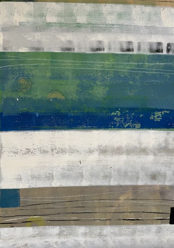 Abstract painting with horizontal color bands and textured layers.
