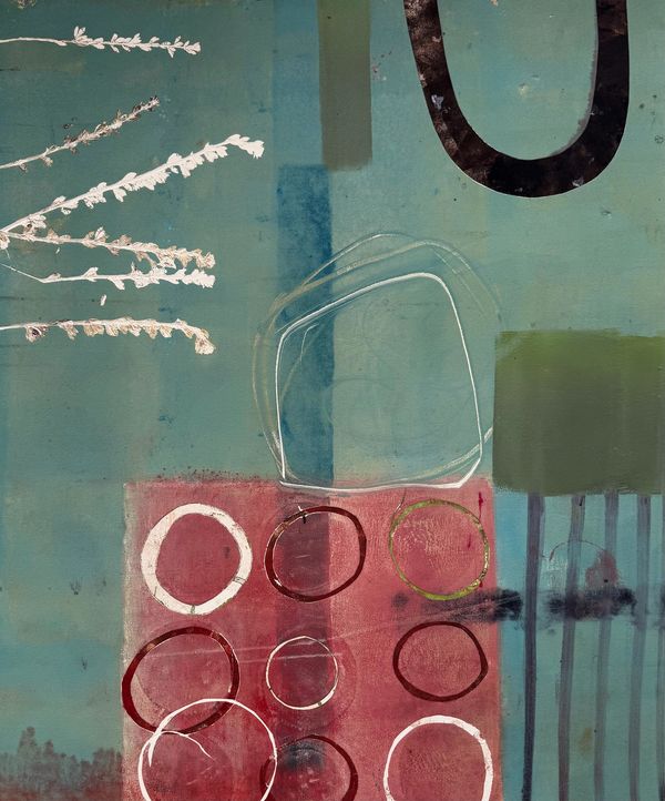 Abstract painting with circles, rectangles, and branches in muted tones.