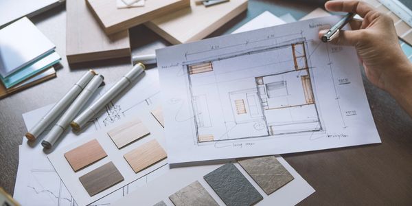 Desktop view of interior designer working with floor plans, paint, finish, and fabric swatches, 