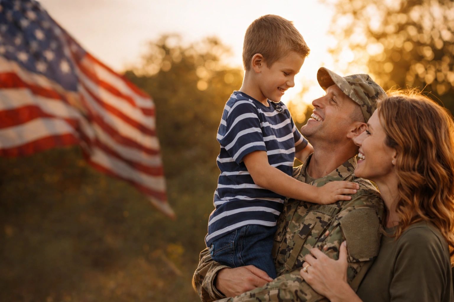 A soldier reunites joyfully with his family in front of an American flag.