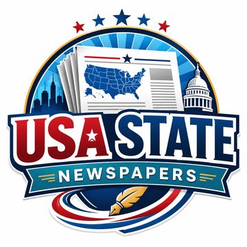 Logo of USA State Newspapers with map and iconic buildings.
