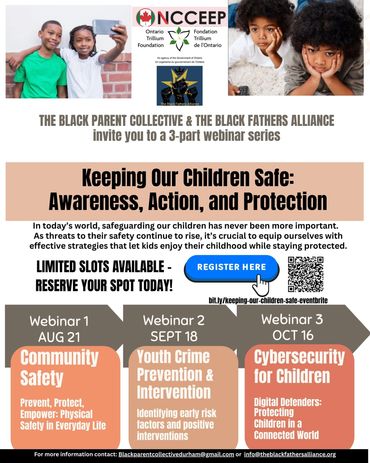 Webinar series on child safety focusing on community, crime prevention, and cybersecurity.