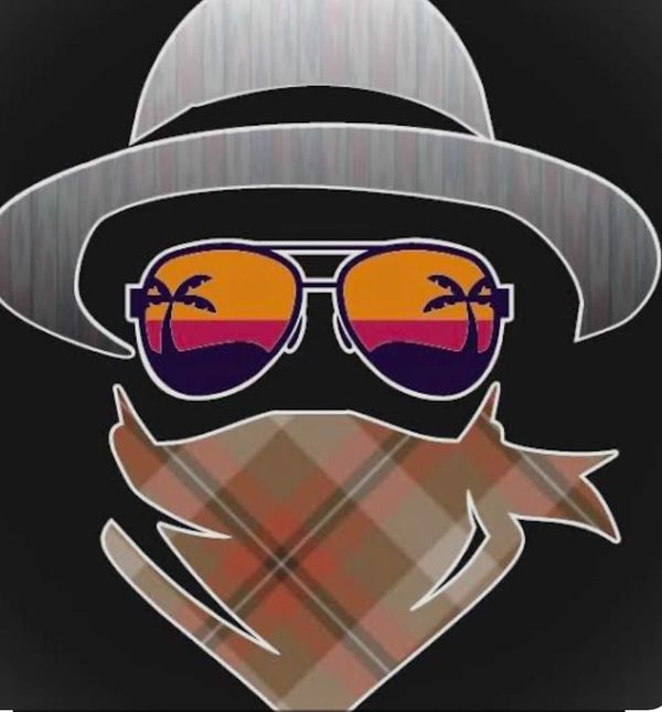 Stylized image of a face with sunglasses, hat, and bandana.