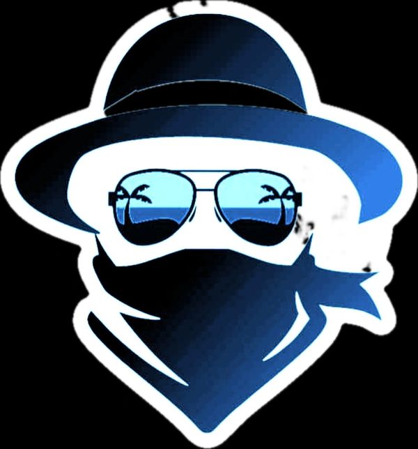 Stylized figure with hat and sunglasses reflecting palm trees.