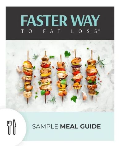 Skewers of grilled vegetables and meat with a fat loss meal guide title.