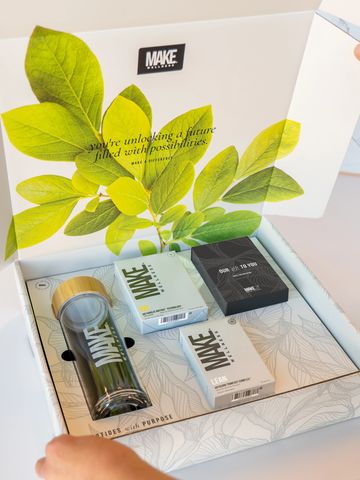 Eco-friendly skincare set in a beautifully designed box with green leaf artwork.