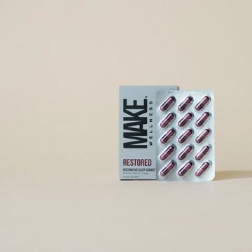 MAKE Wellness Restored sleep supplement capsules in blister pack.