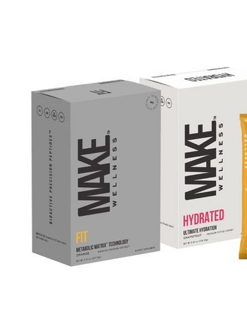 Two wellness product boxes labeled MAKE Wellness Fit and Hydrated.