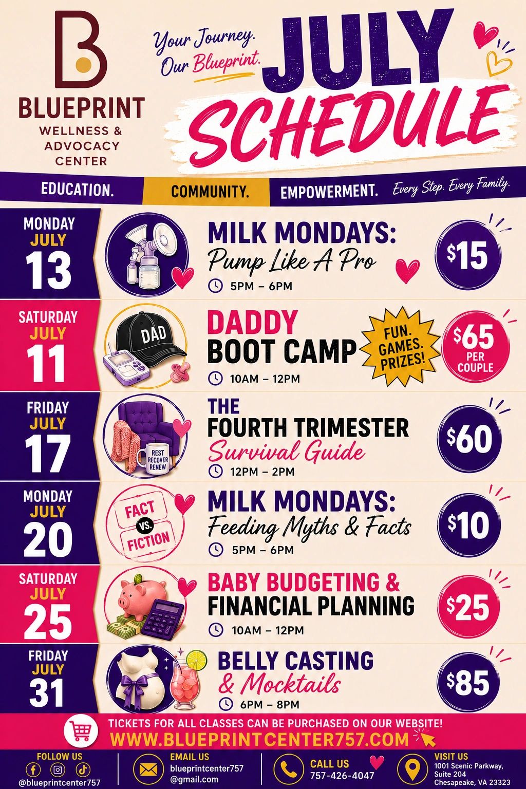 July schedule for Blueprint Wellness & Advocacy Center with classes on parenting, budgeting, and wellness.