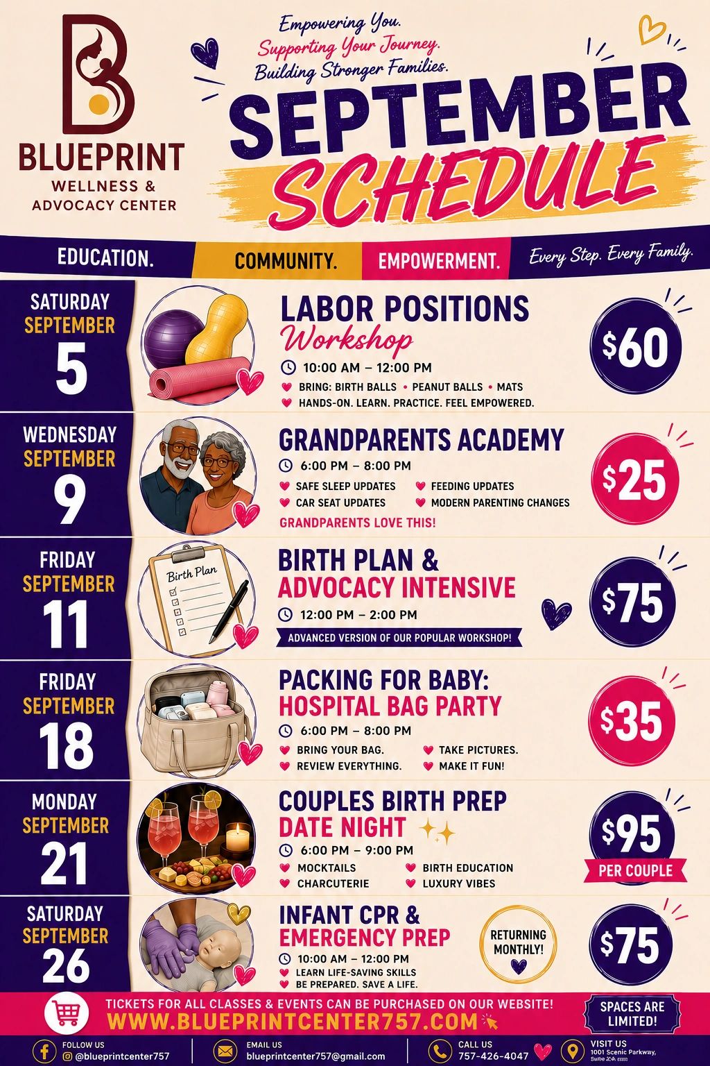 September schedule for Blueprint Wellness & Advocacy Center classes and workshops with dates, times, and prices.