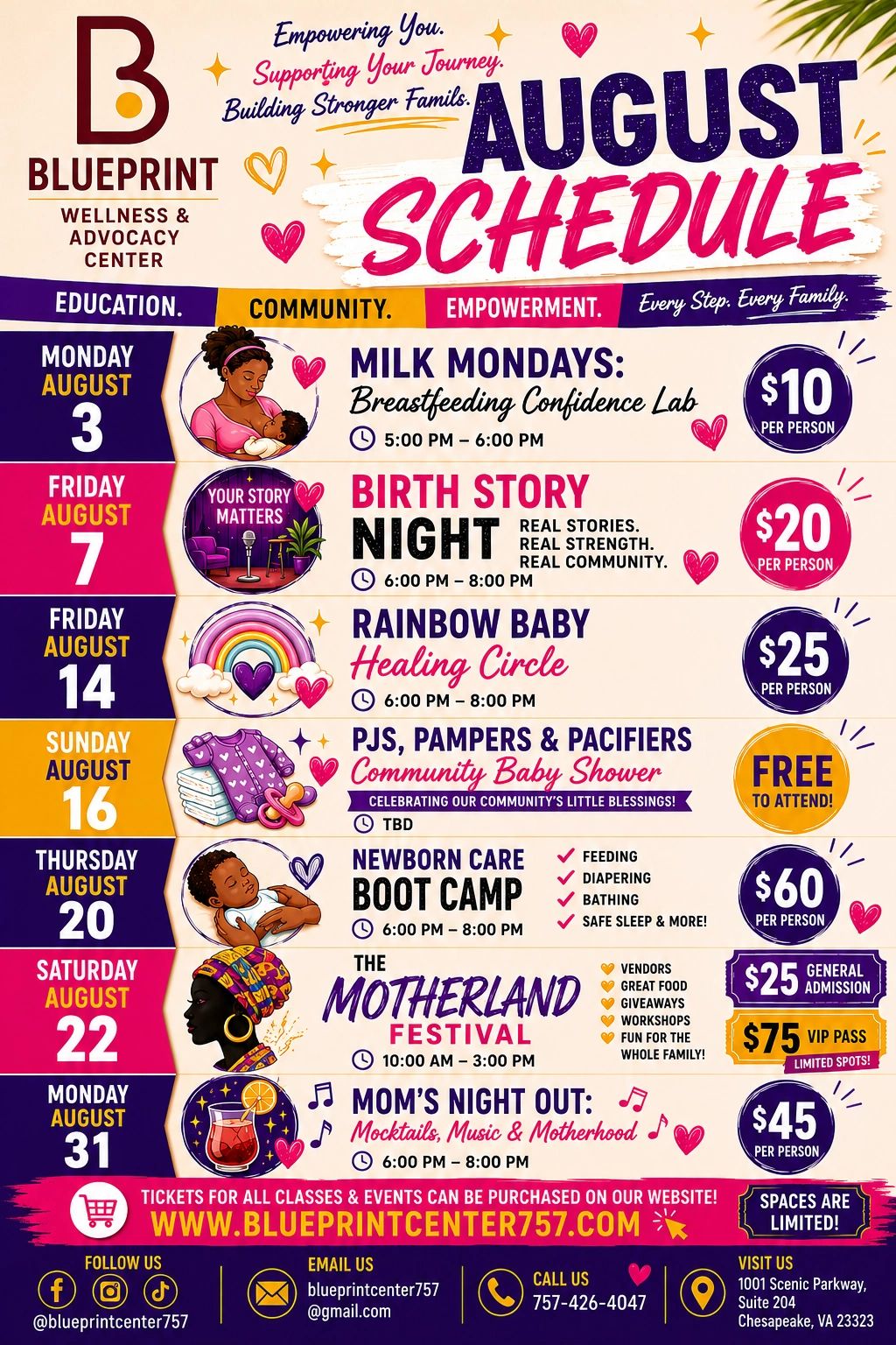 August schedule of Blueprint Wellness & Advocacy Center with various family support events.