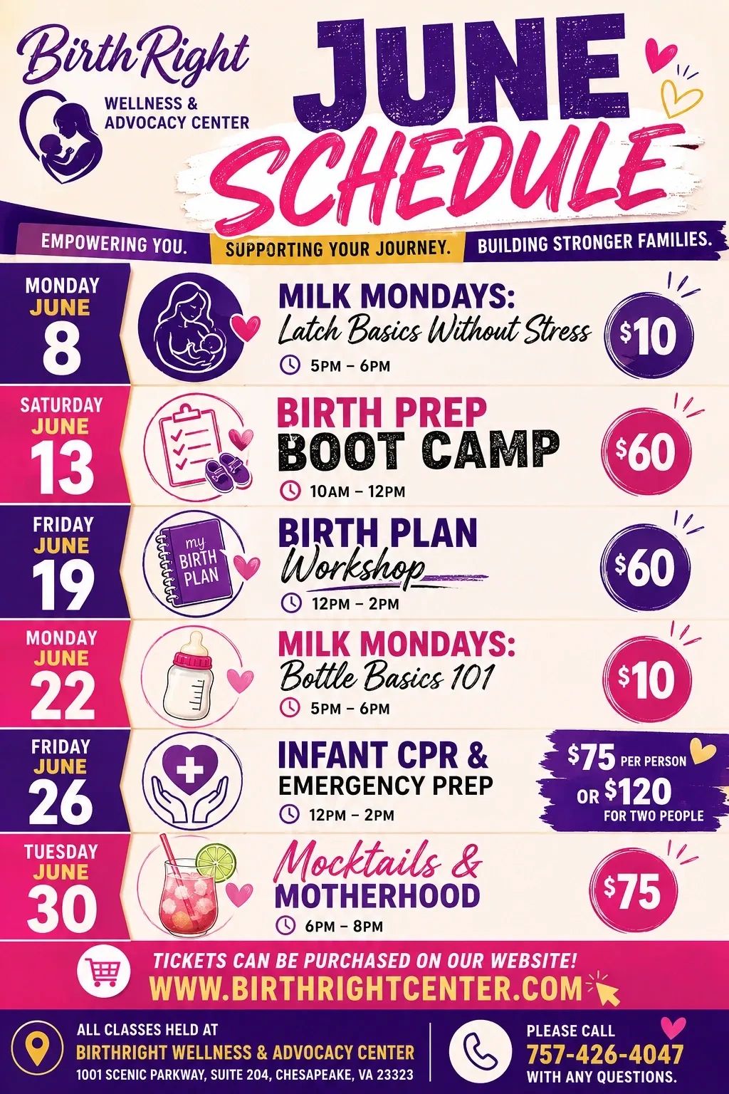 June schedule for Birth Right Wellness Center classes and workshops.