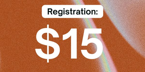 Registration fee is $15 on a textured background with a faint rainbow.