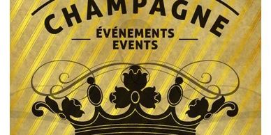 Elegant logo with crown and champagne event text on gold background.