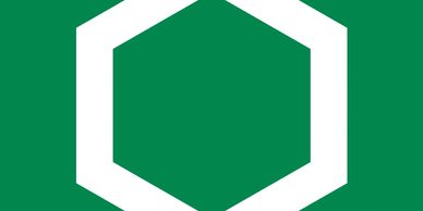White hexagon outline on a green background.