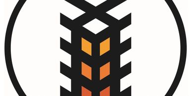 Abstract logo with geometric shapes and warm colors.