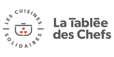 Logo featuring a cooking pot with hearts and French text about solidarity cuisines and chefs' table.