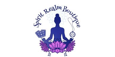 Logo of Spirit Realm Boutique with a meditating figure and mystical symbols.