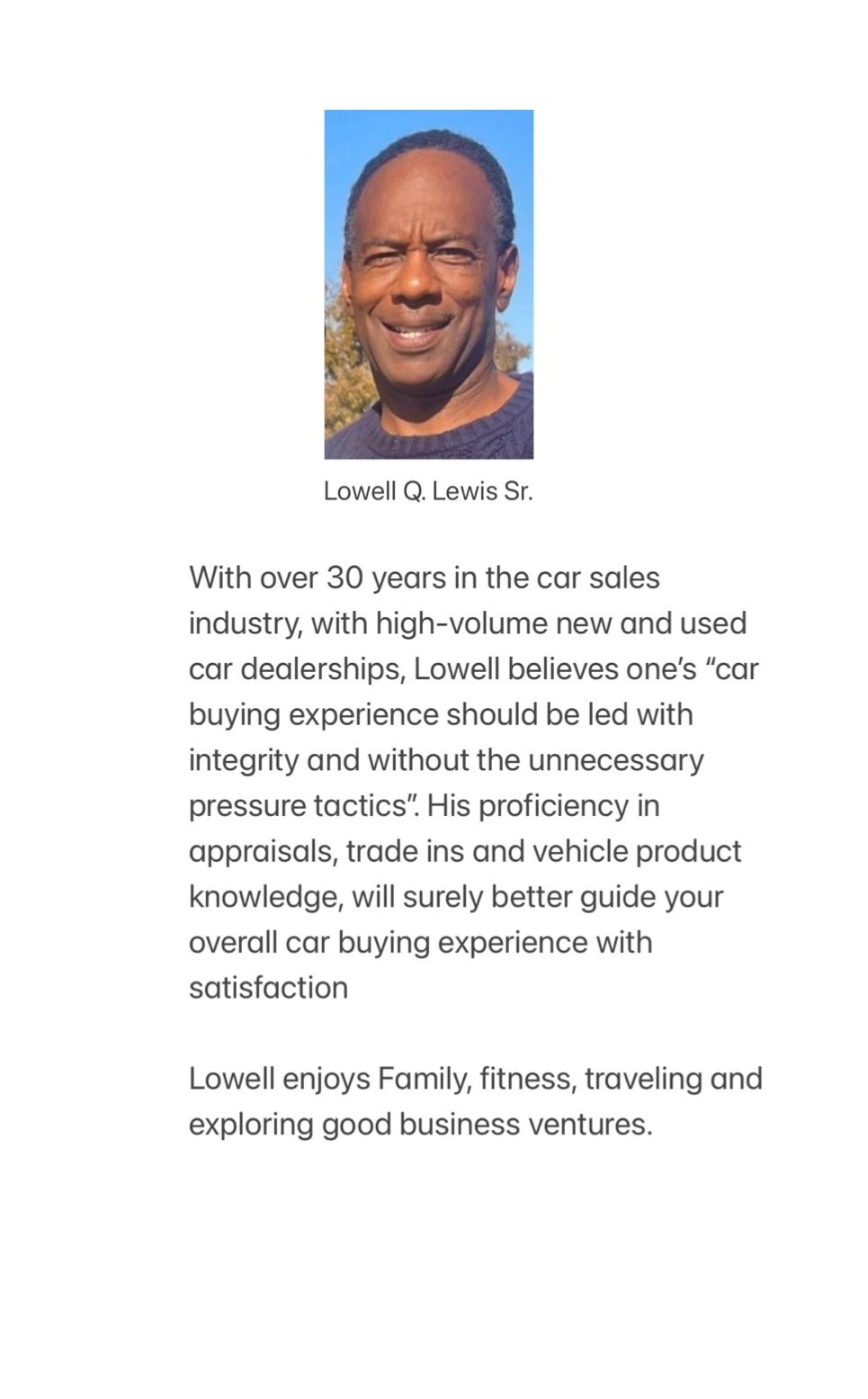 Portrait of Lowell Q. Lewis Sr., a seasoned car sales expert.