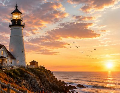 Lighthouse at sunset with birds flying over the ocean.
