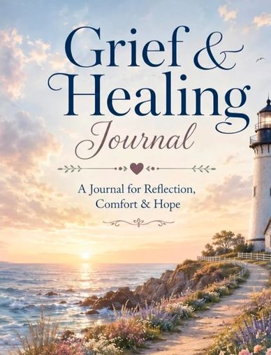Cover of a grief and healing journal by the ocean.