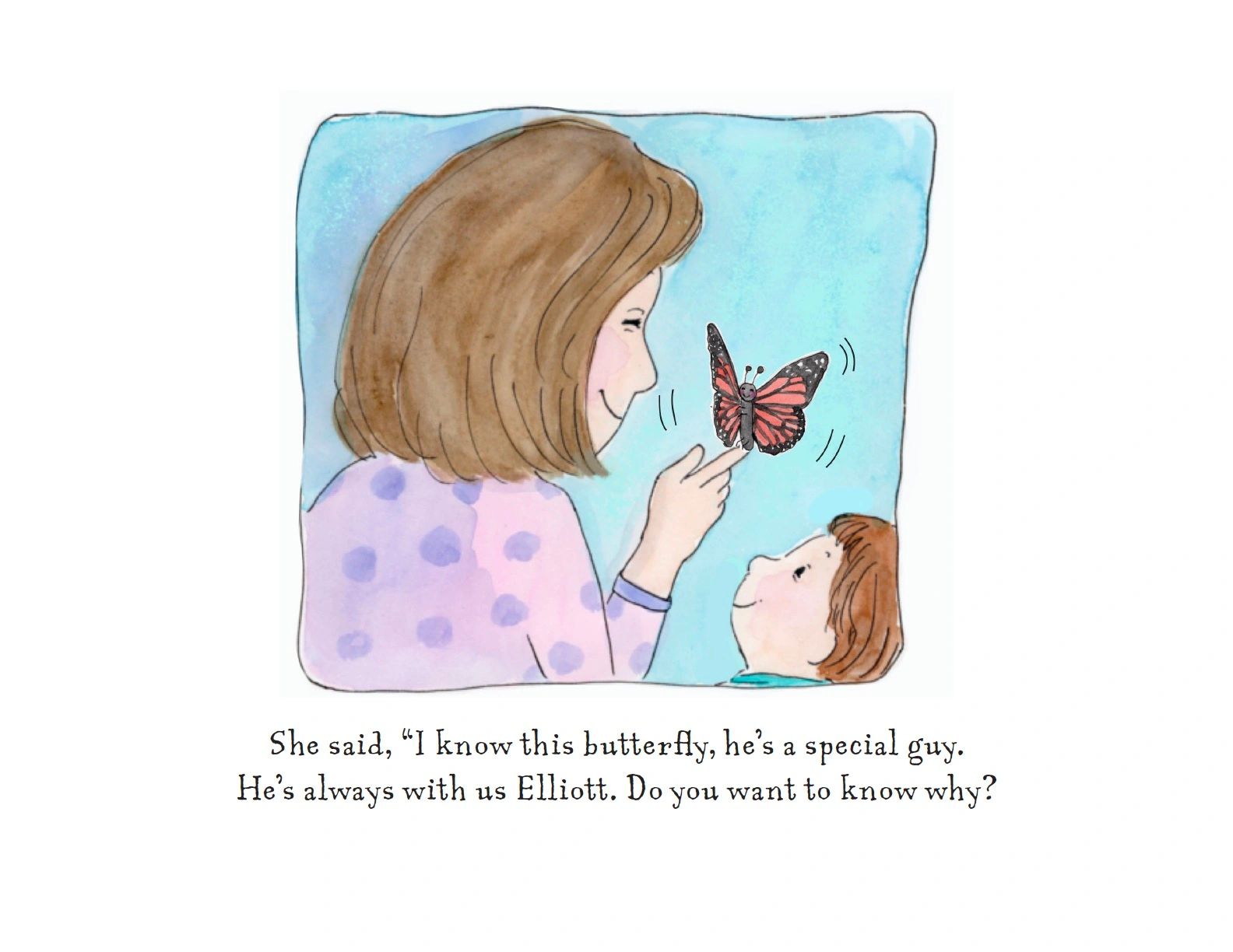 A woman and child share a moment with a special butterfly.