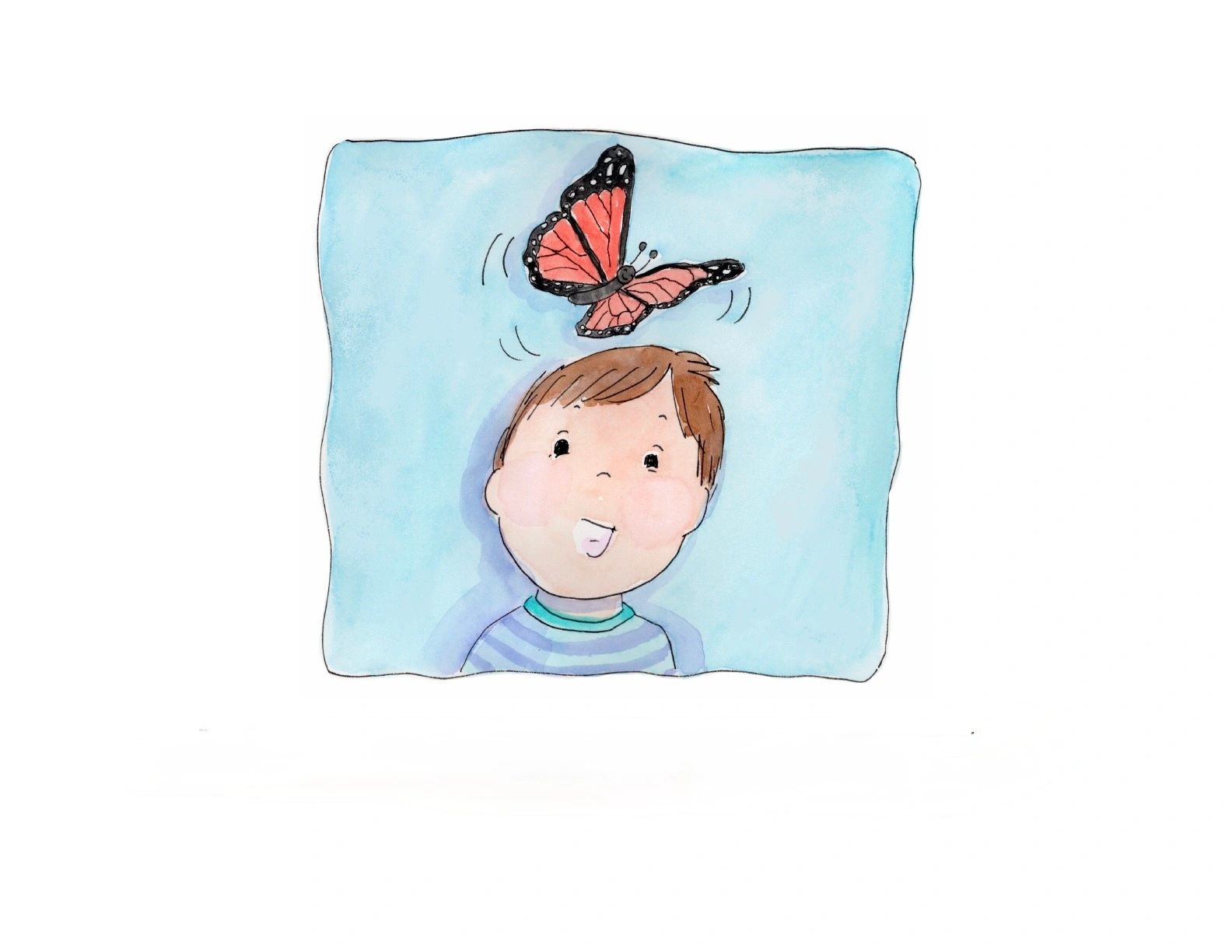 A boy watching a butterfly flutter above his head.