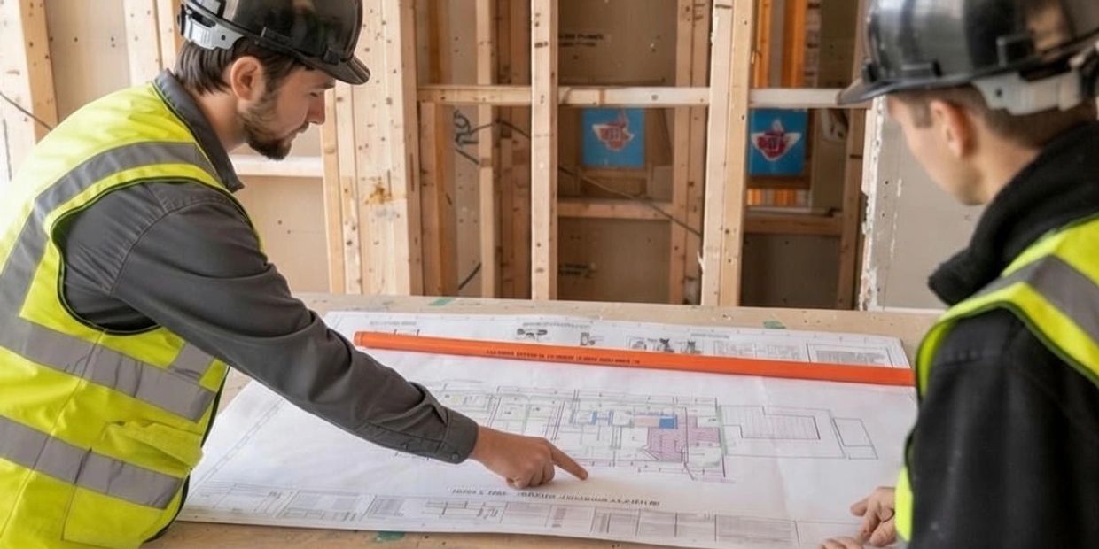 Two construction workers review building plans on a table at a construction site.