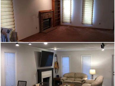 Retro to modern living room with a custom fireplace surround