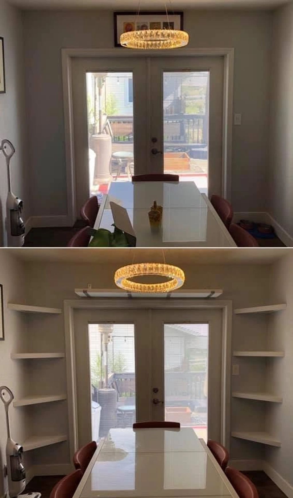 Corner shelves by a patio door