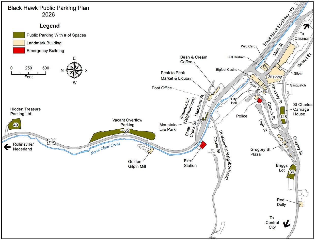 Map showing public parking and landmarks in Black Hawk for 2026.