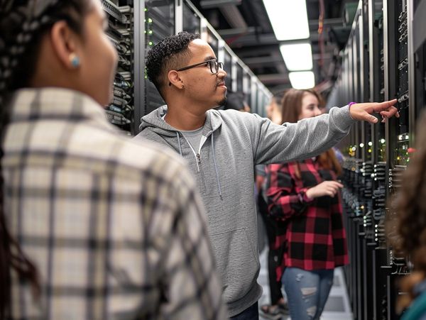 Networking students examining a mainframe computer installation