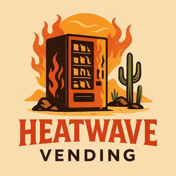 Illustration of a vending machine on fire with desert cactus, titled 'Heatwave Vending'.