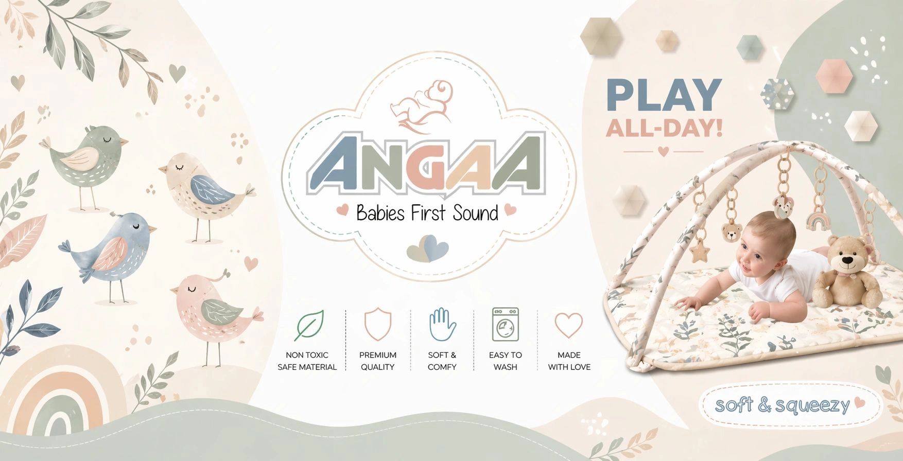 Baby playing on a soft, comfy Angaa play mat with hanging toys and plush bear.