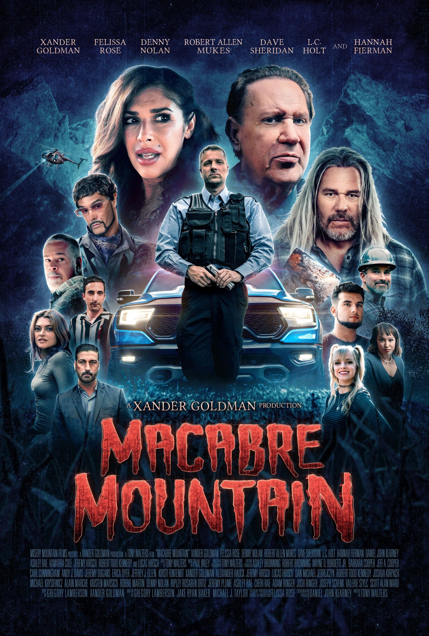Movie poster for "Macabre Mountain" featuring a tense group of characters and a dark, eerie mountain background.
