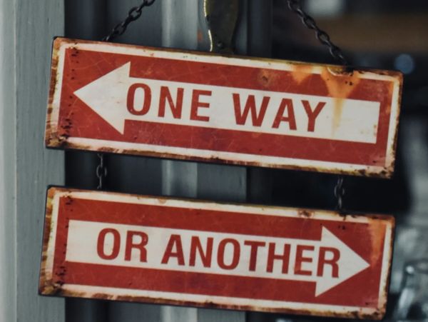 Rustic signs reading 'ONE WAY' and 'OR ANOTHER' pointing opposite directions.