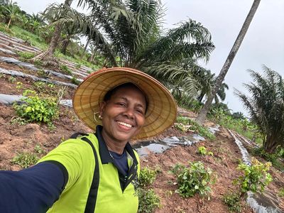 Call woman taking a selfie on the farm