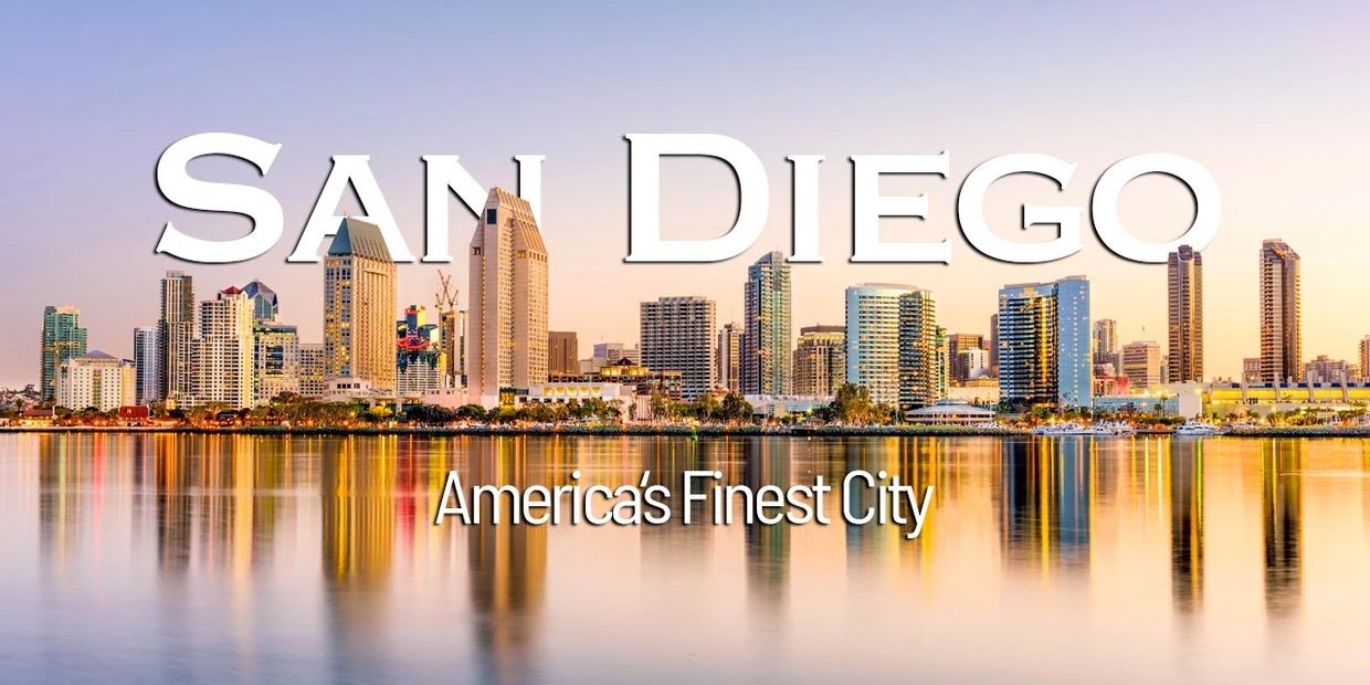 San Diego America's Finest City marketing the beautiful skyline reflecting on the water.