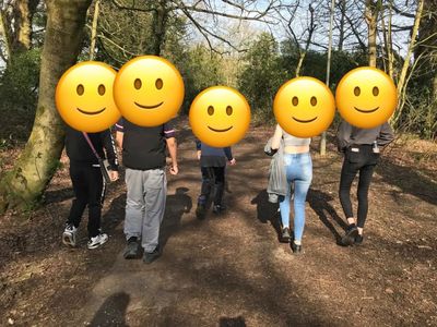 Group of people walking on a forest path on a sunny day.