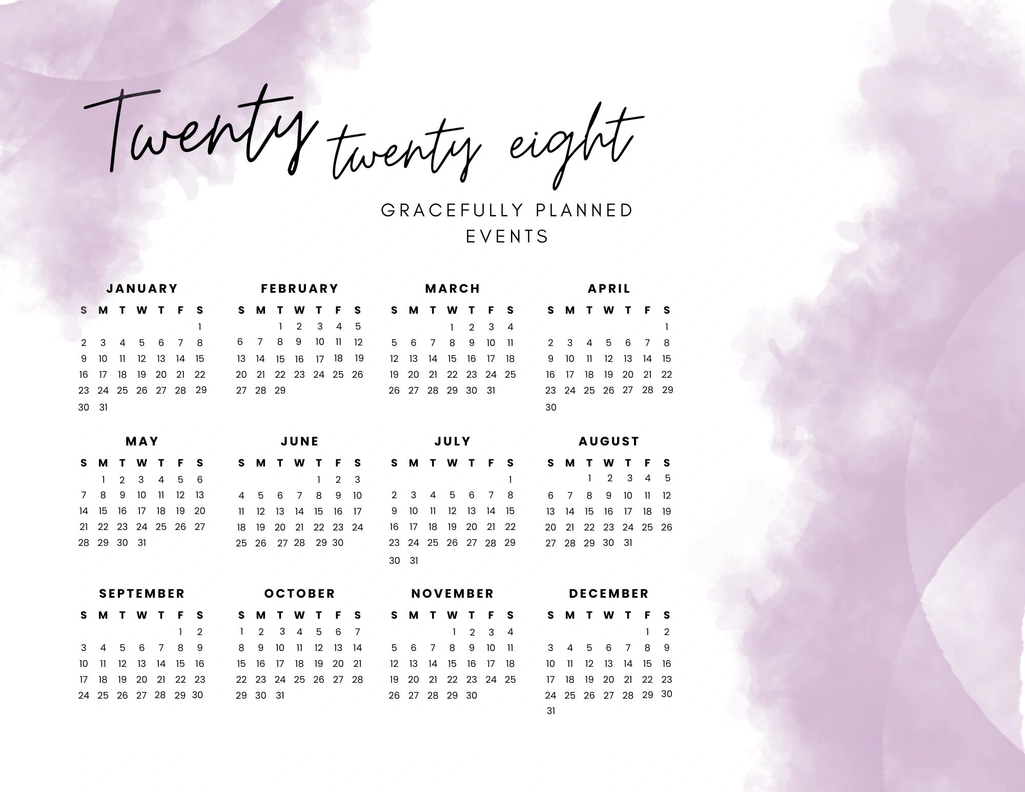 Elegant 2028 calendar with purple watercolor background and graceful typography.