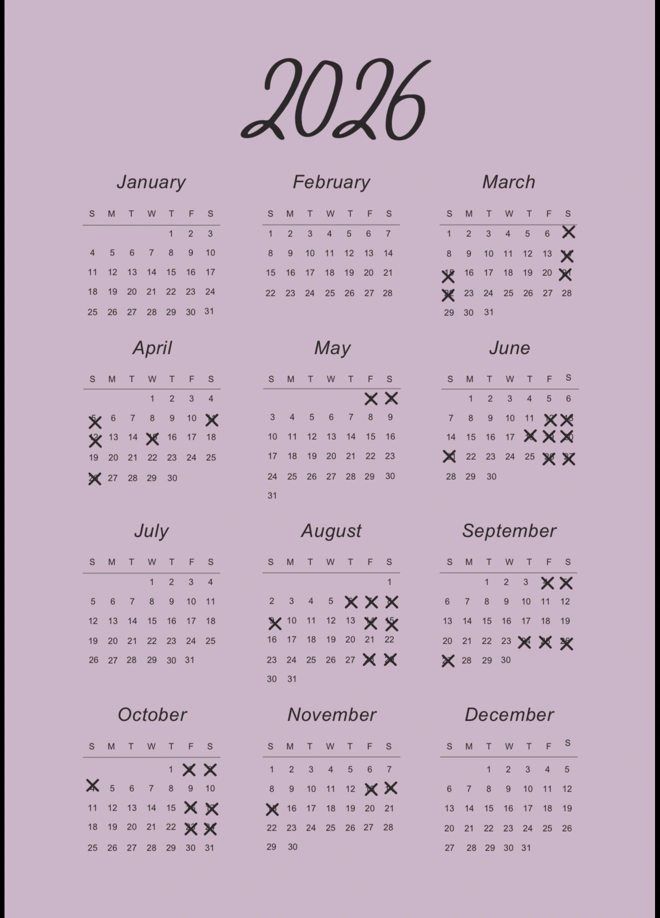 2026 calendar with various days marked with black crosses.