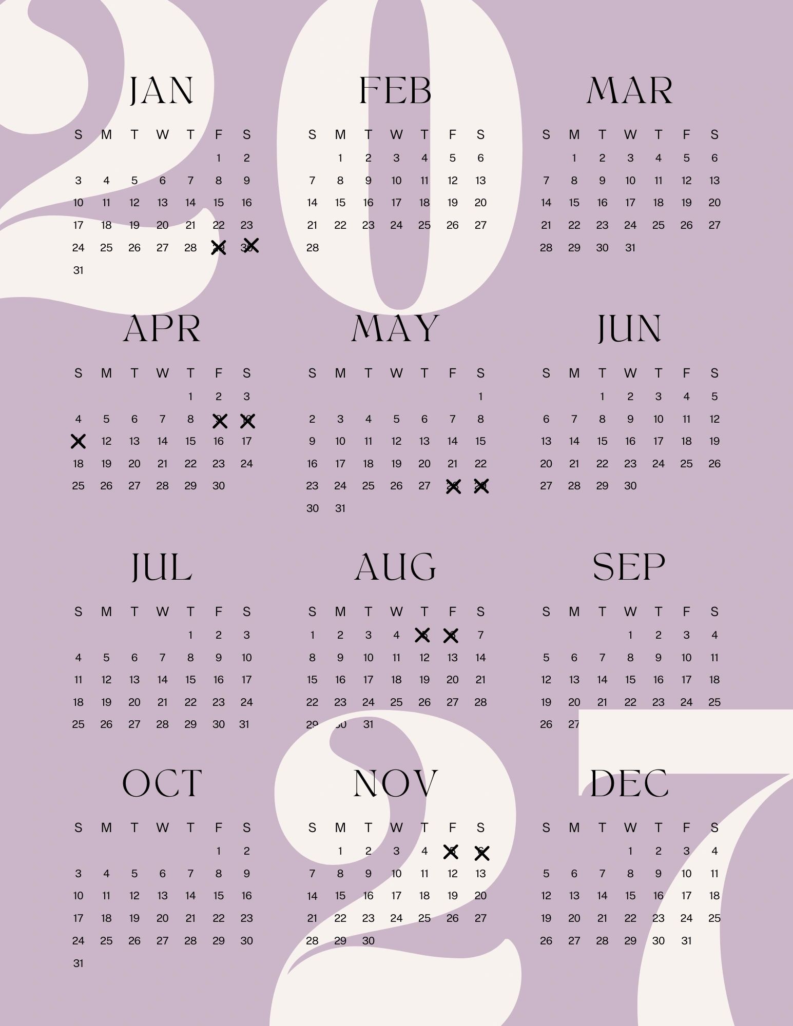 A 2027 calendar with certain dates marked with black crosses on a purple background.