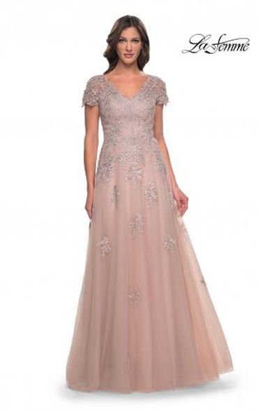 Lafemme Mother of the Bride 30228 - V Neck Tulle and Lace Aline Gown with Short Sleeves