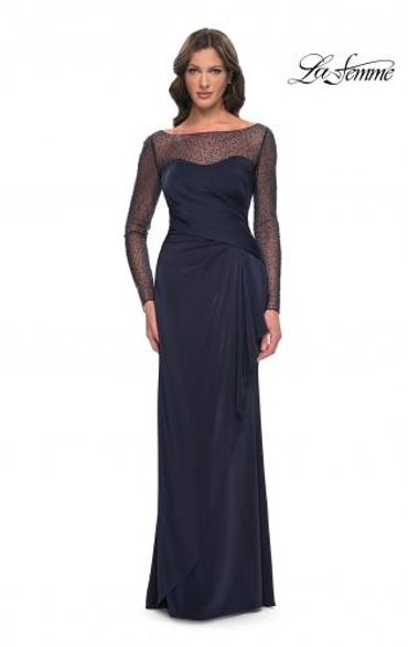 Lafemme Mother of the Bride 30808 - Fitted Satin Gown with High Sheer Scattered Beaded Neckline with