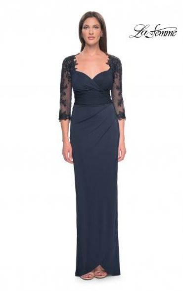 Lafemme Mother of the Bride 31659 - Fitted Plain Jersey Knit Gown with Lace Sleeves and Back