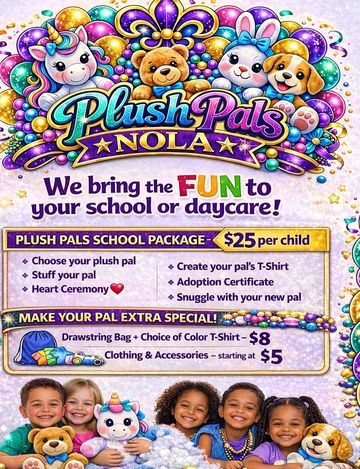 Colorful Plush Pals NOLA flyer for school and daycare fun packages.