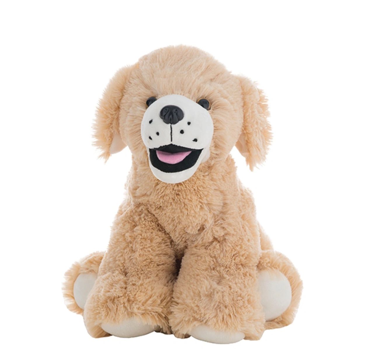 Cute plush dog toy with a happy expression and soft fur.