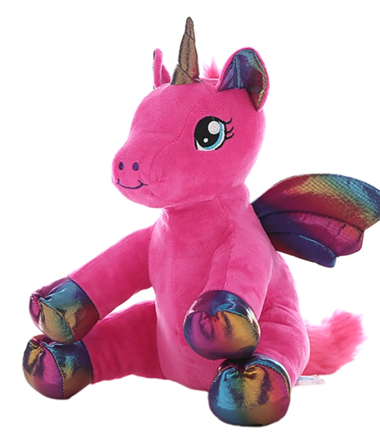 Bright pink plush unicorn with rainbow wings and hooves.